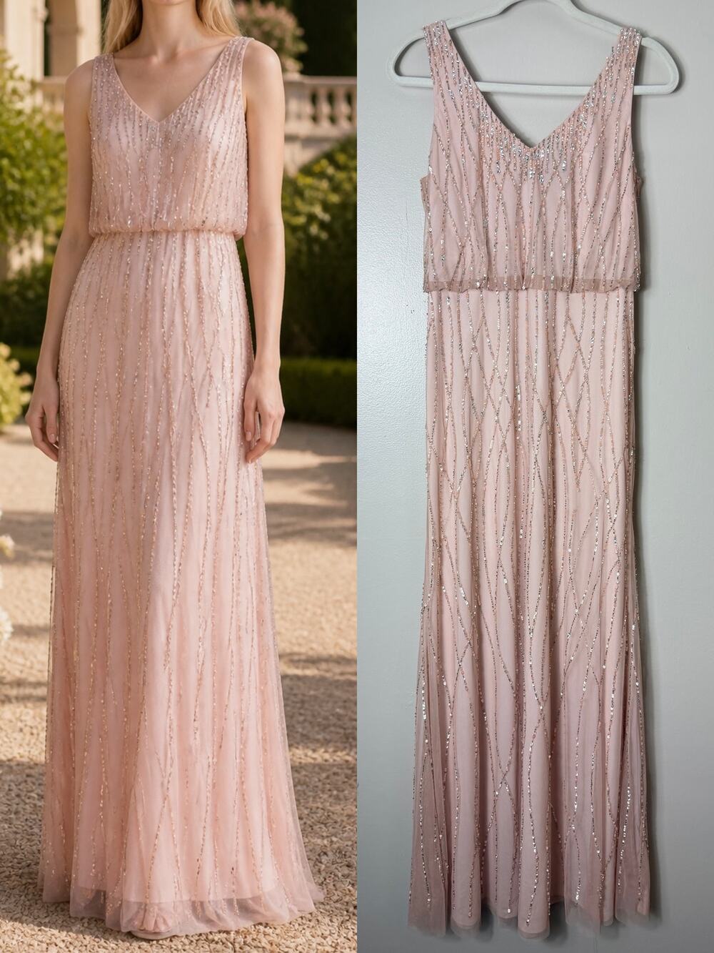 Adrianna Papell Brooklyn Dress Pink Sequin Beaded Bridesmaid Gown Wedding Guest